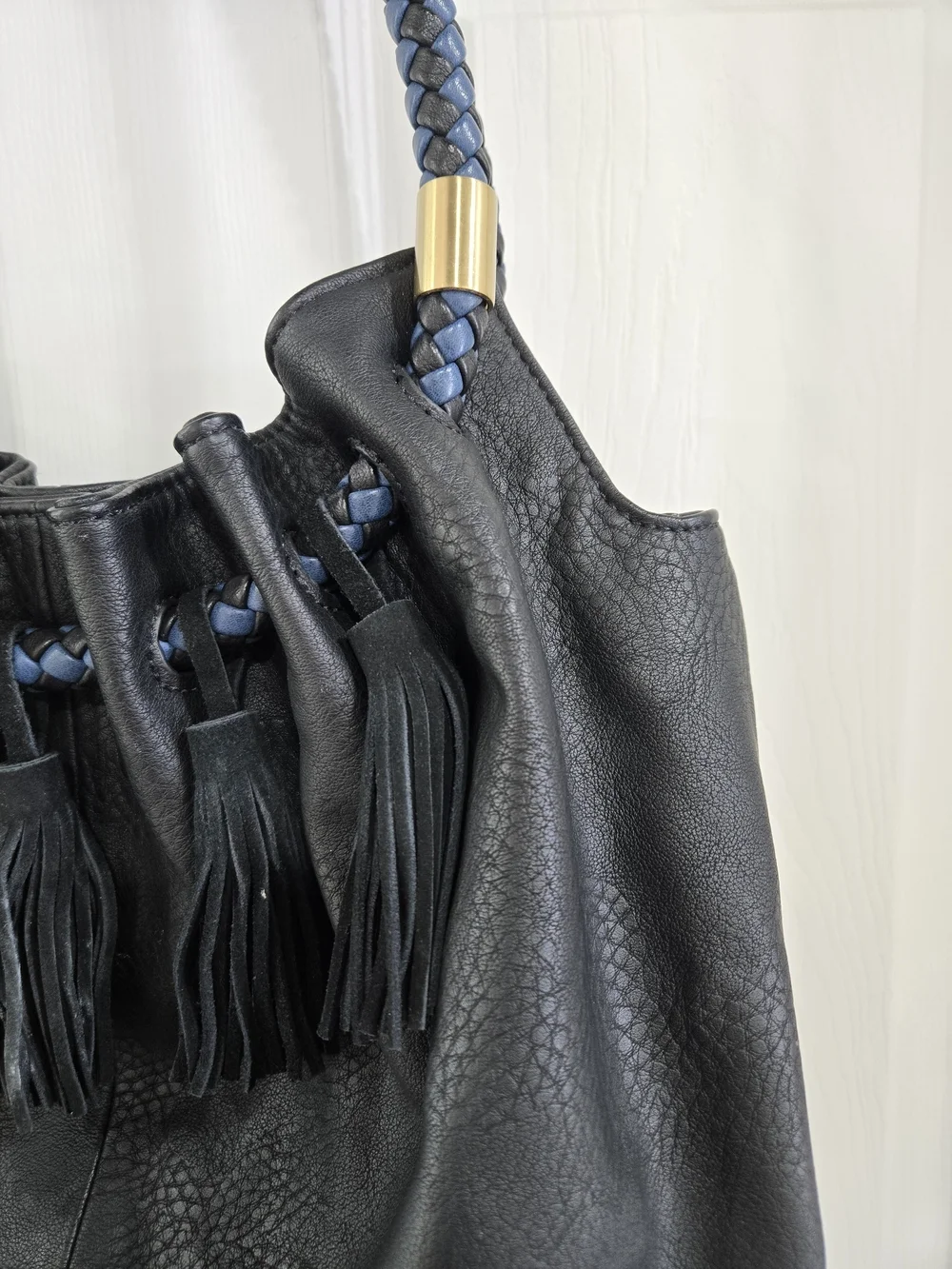 Steven Black Leather Tassel Hobo Bag with Braided Handle - Picture 4 of 6